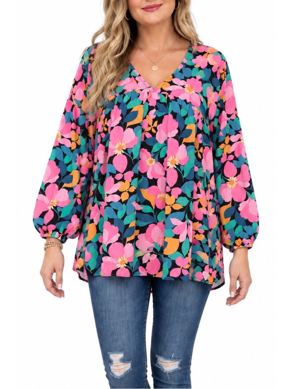 First Love Floral V-Neck Babydoll Tunic- 2x